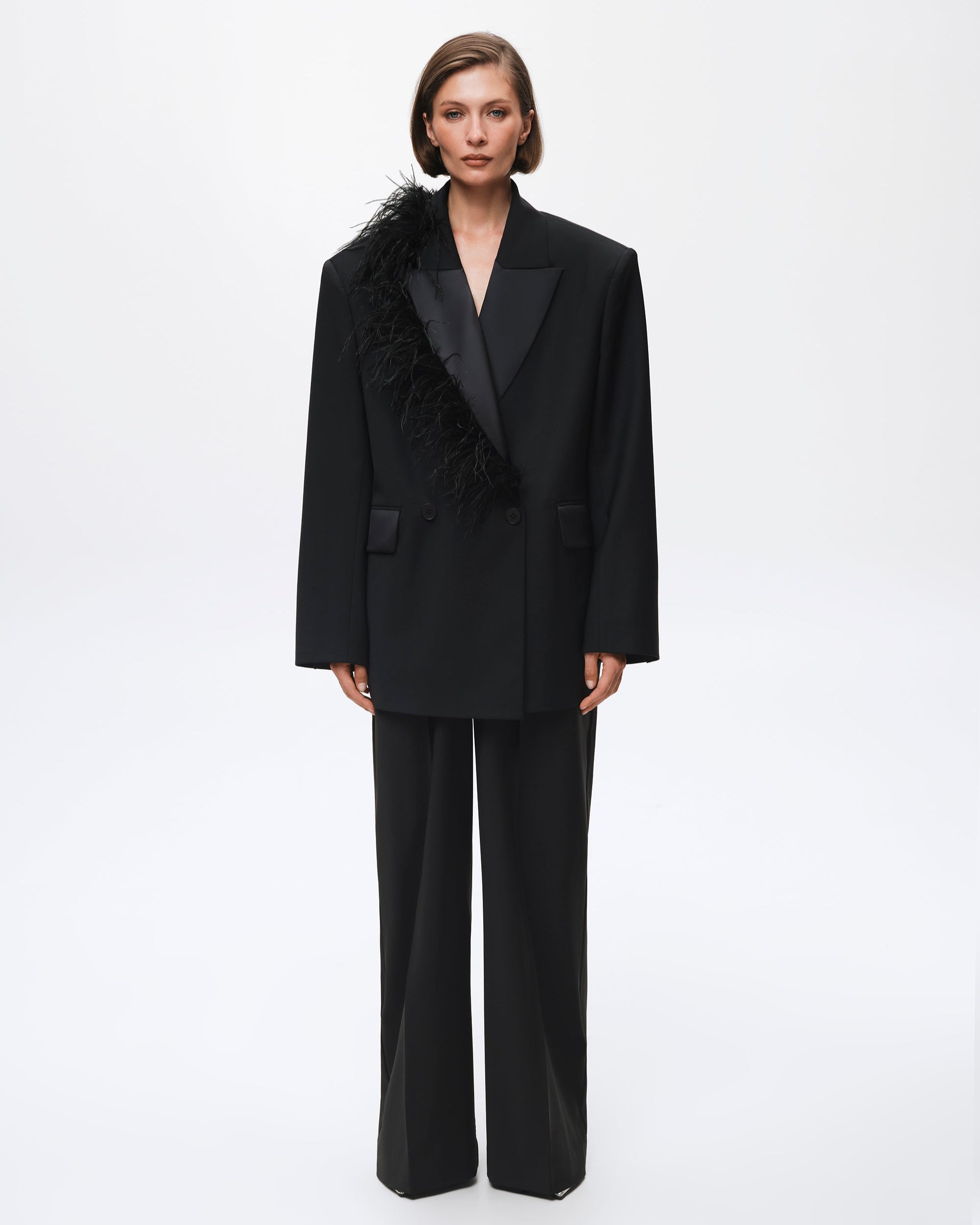 Oversized tuxedo blazer with boa