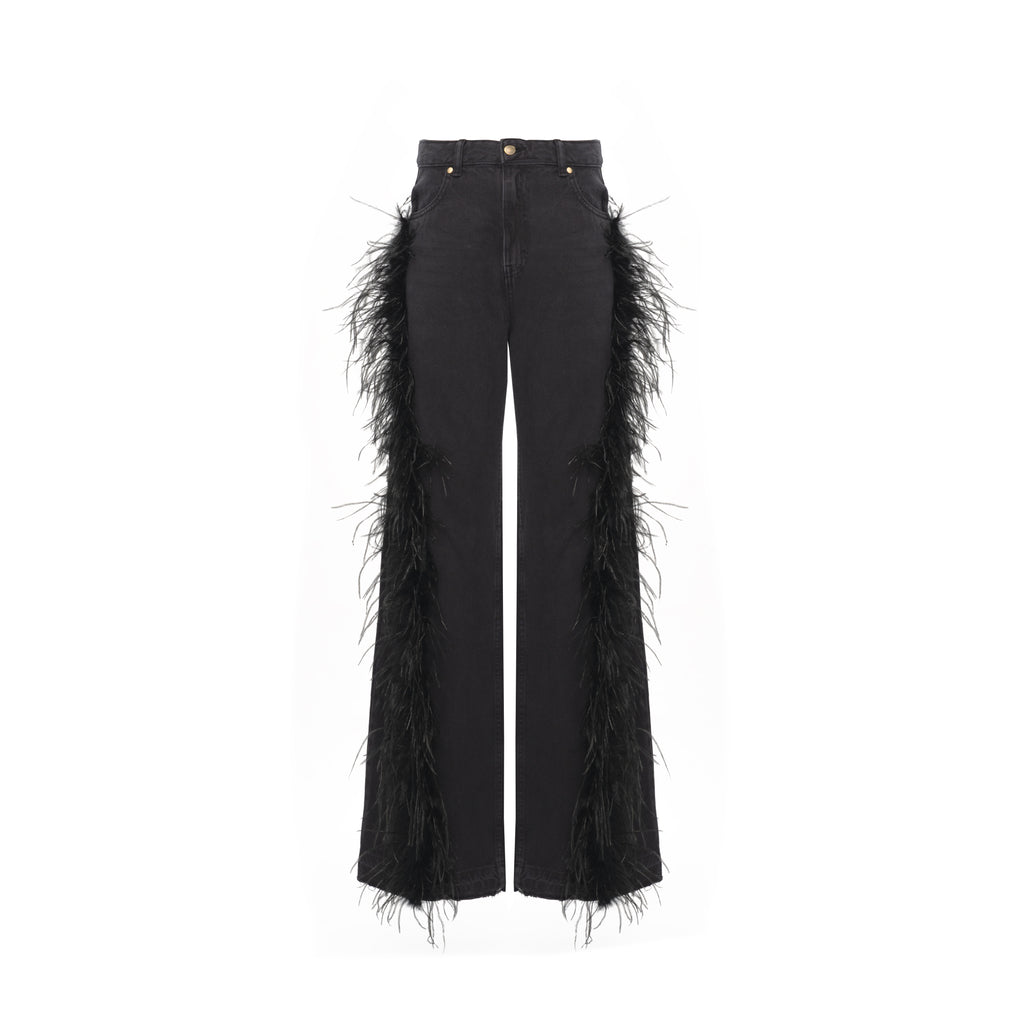 Wide jeans with feathers