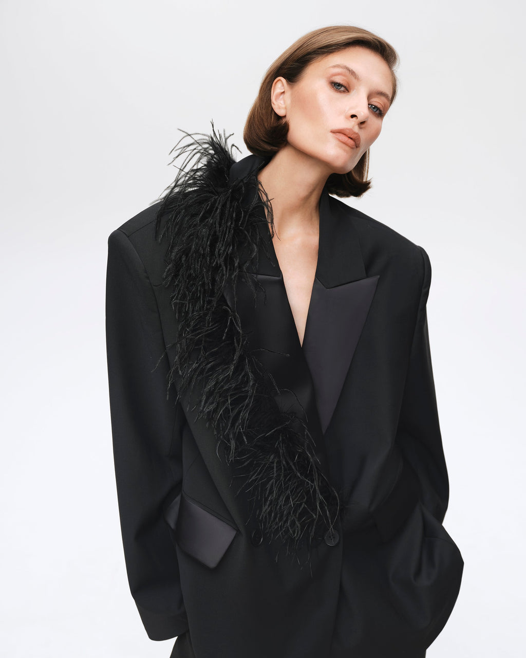 Oversized tuxedo blazer with boa