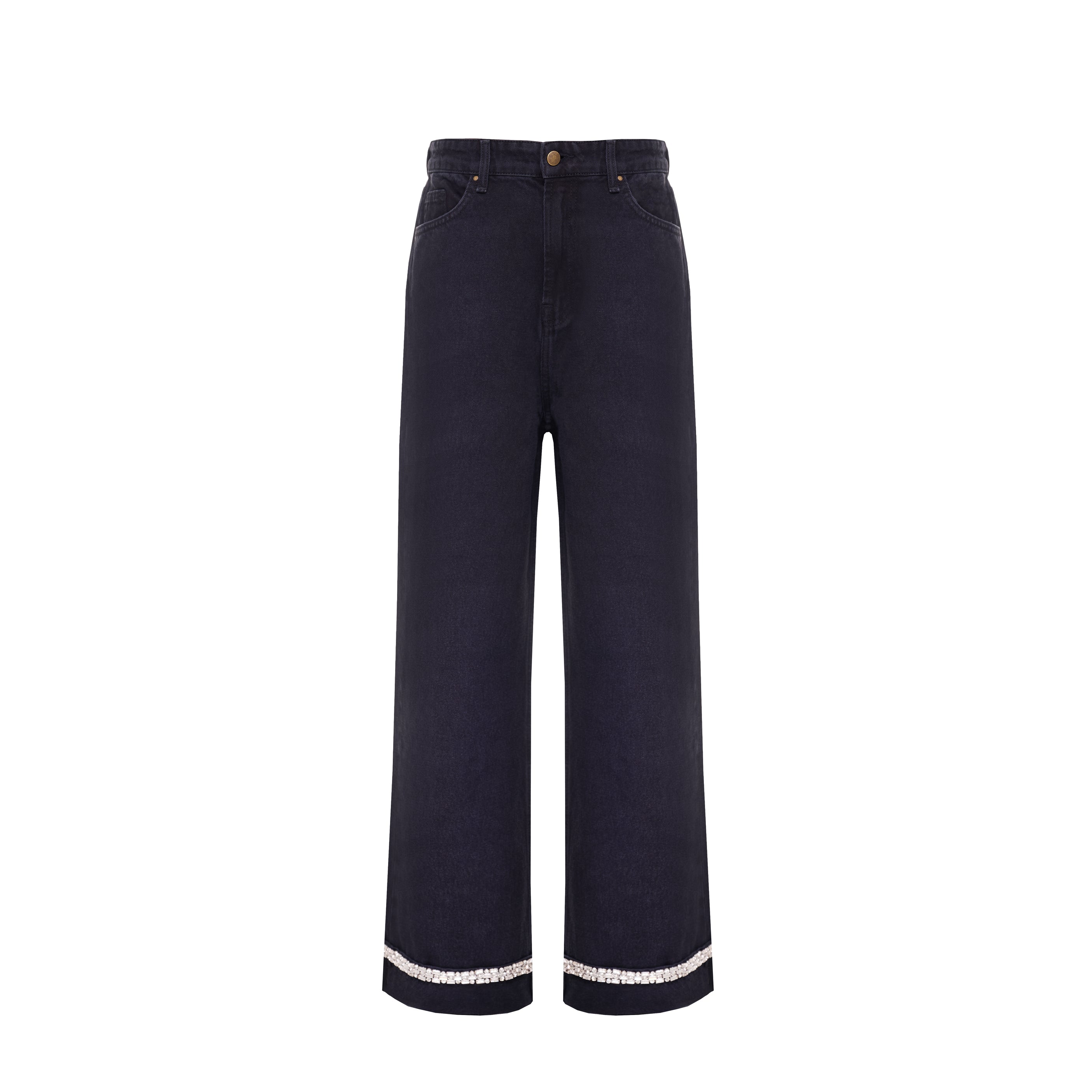 Jeans with rhinestone trim at the hem