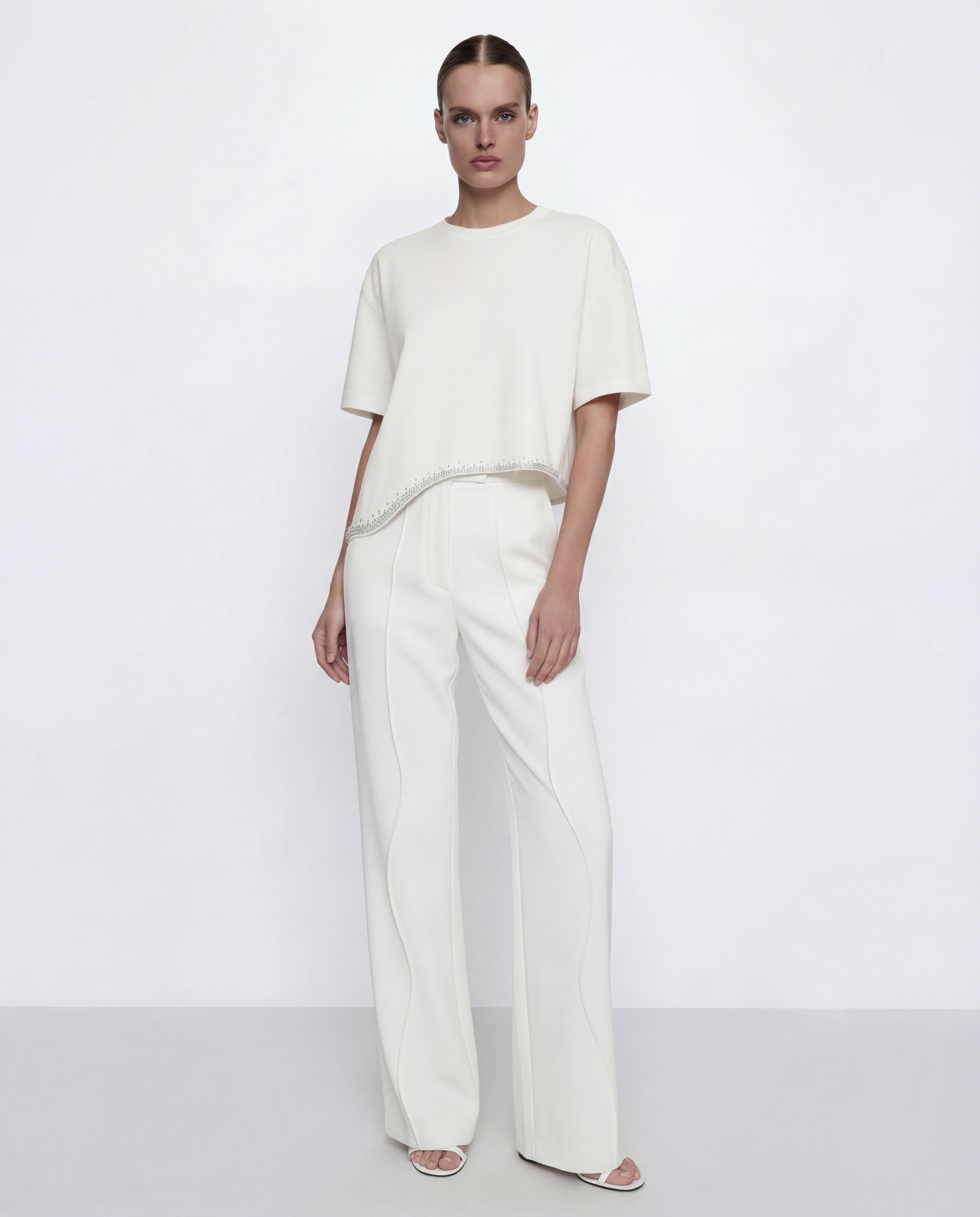 Asymmetric Wave T-shirt with scattered crystals