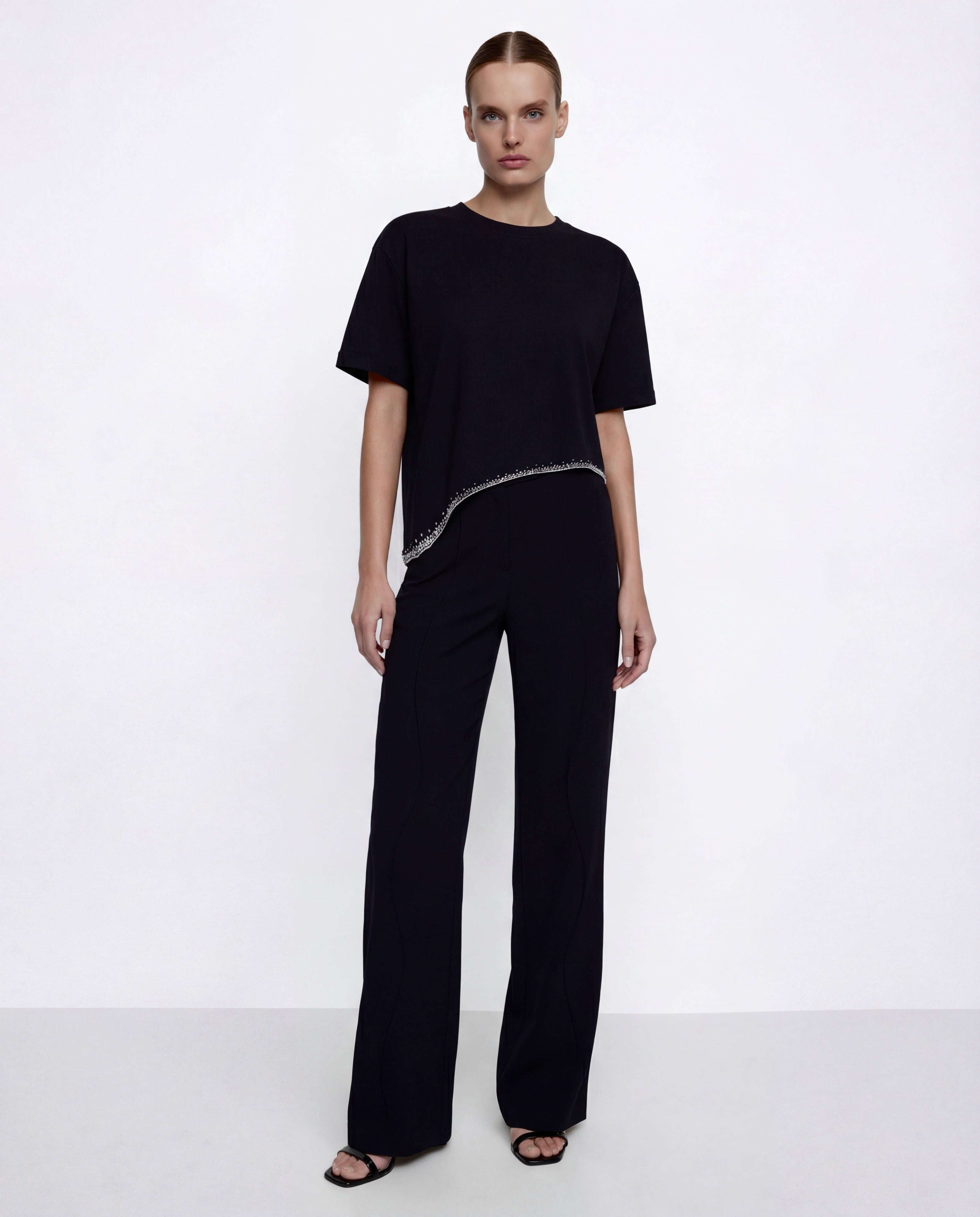 Asymmetric Wave T-shirt with scattered crystals | GASANOVA