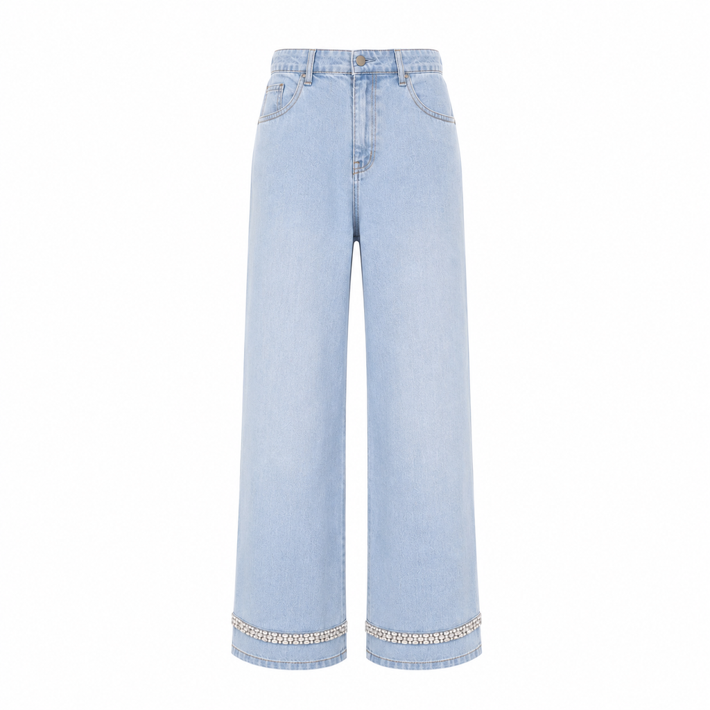 Jeans with rhinestone trim at the hem