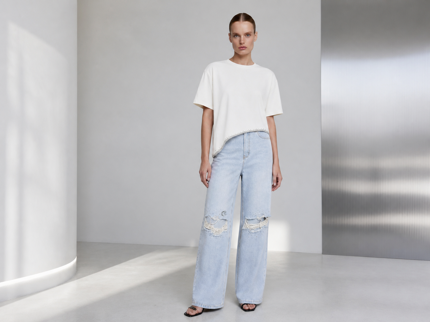 GASANOVA Wave Denim look: asymmetric crystal T-shirt and light blue jeans
