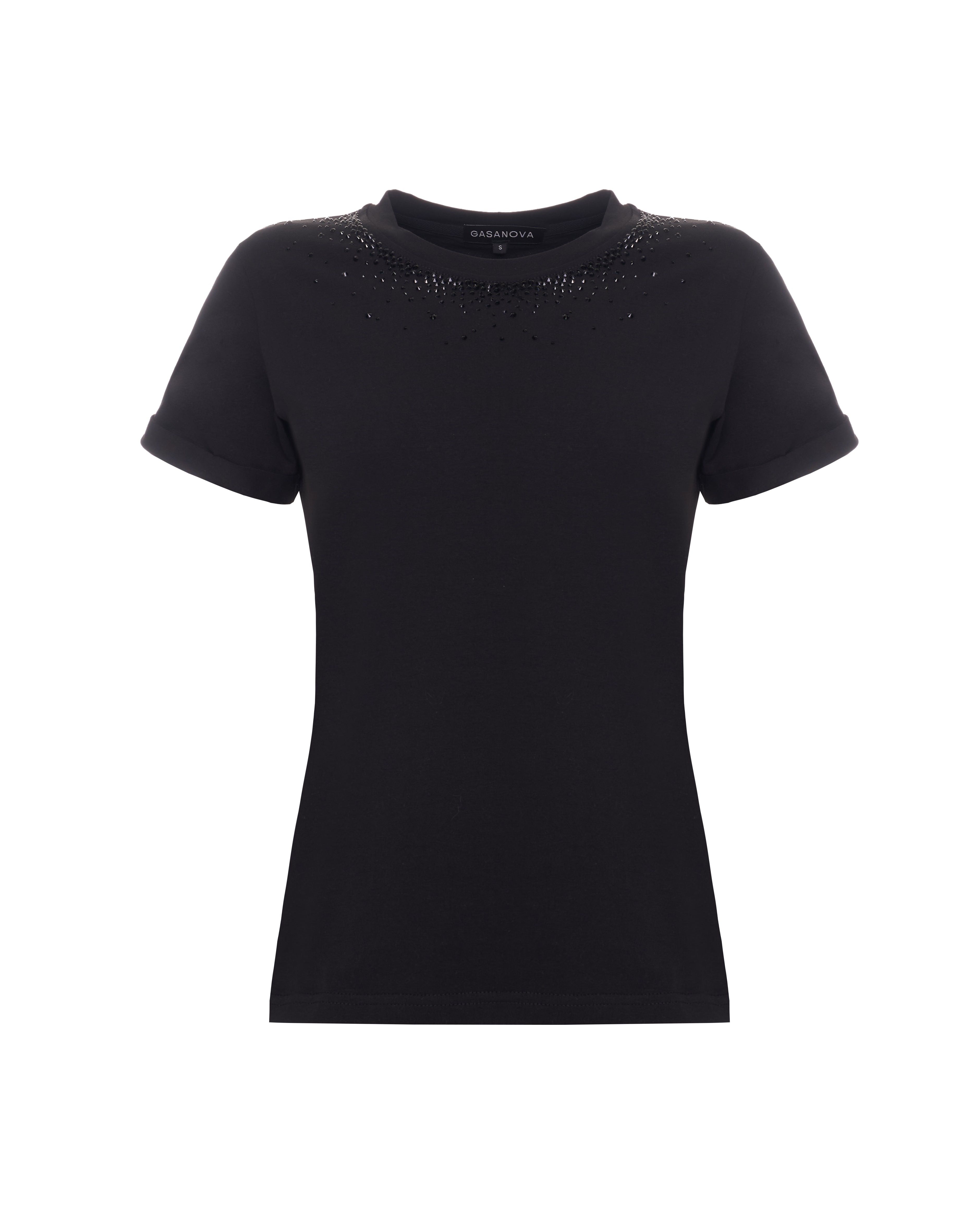 Футболка з розсипом камінців від горловини