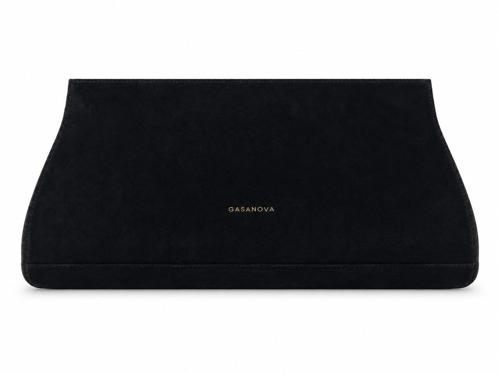 Suede Clutch — Black, front view with GASANOVA logo