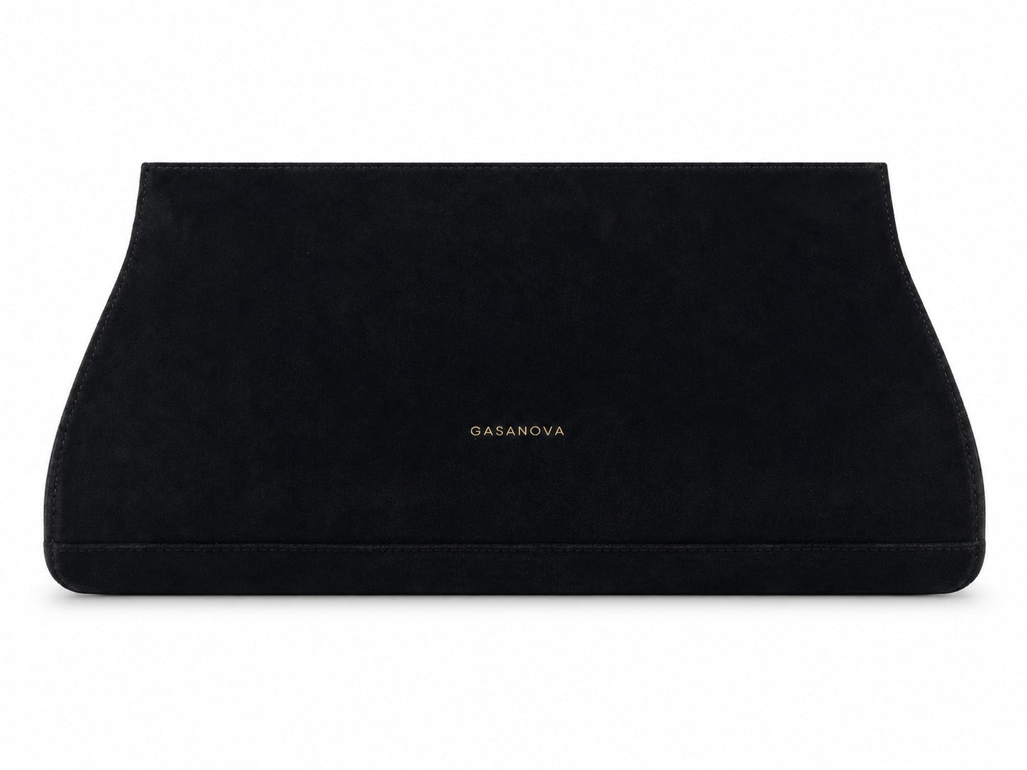 Suede Clutch — Black, front view with GASANOVA logo