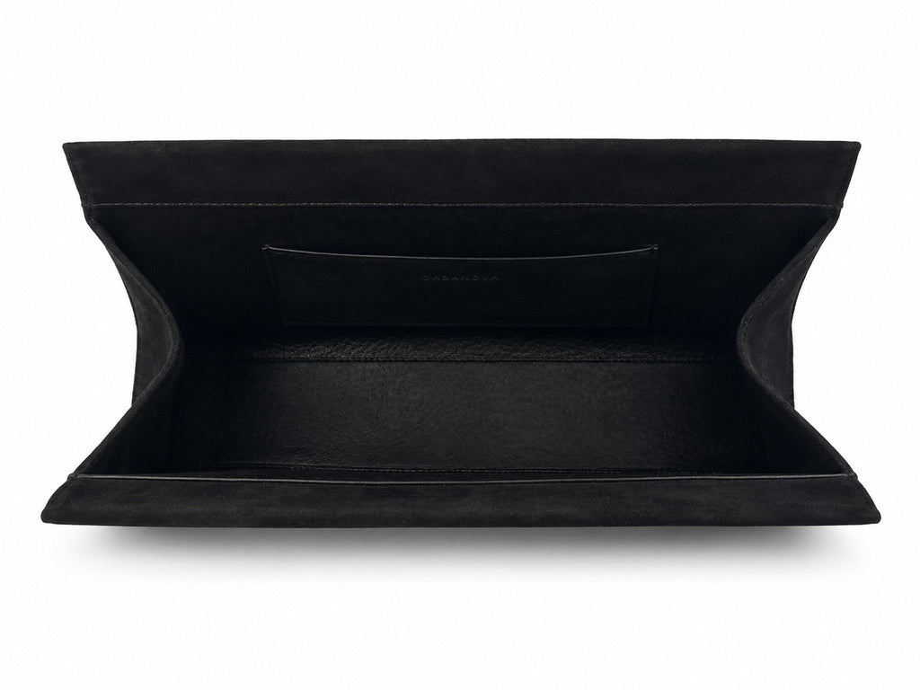 Suede Clutch — Black, open interior with GASANOVA embossed pocket