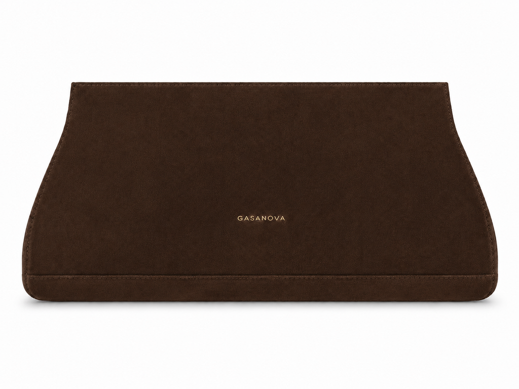 Suede Clutch — Chocolate, front view with GASANOVA logo