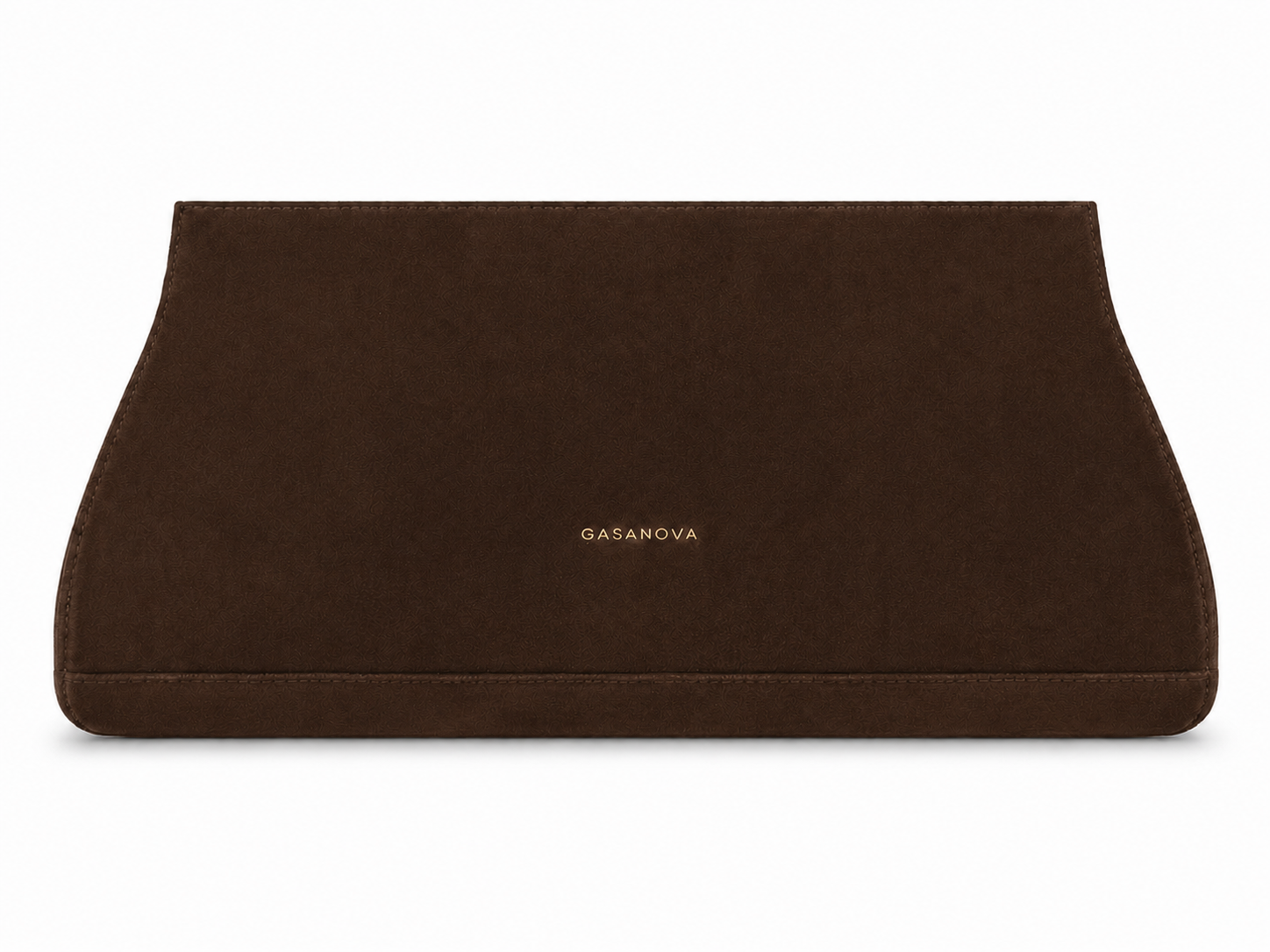 Suede Clutch — Chocolate, front view with GASANOVA logo